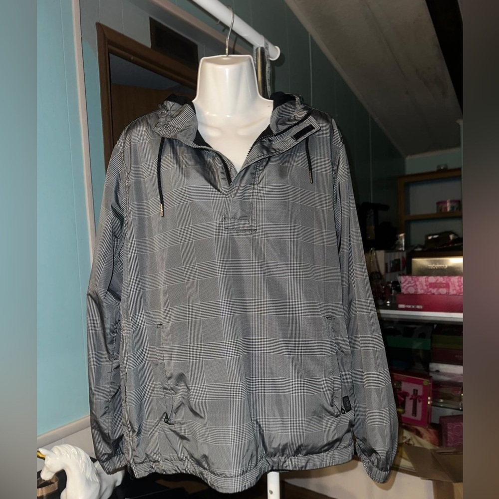 American Eagle Outfitters Gray Plaid Windbreaker Pullover with Hood